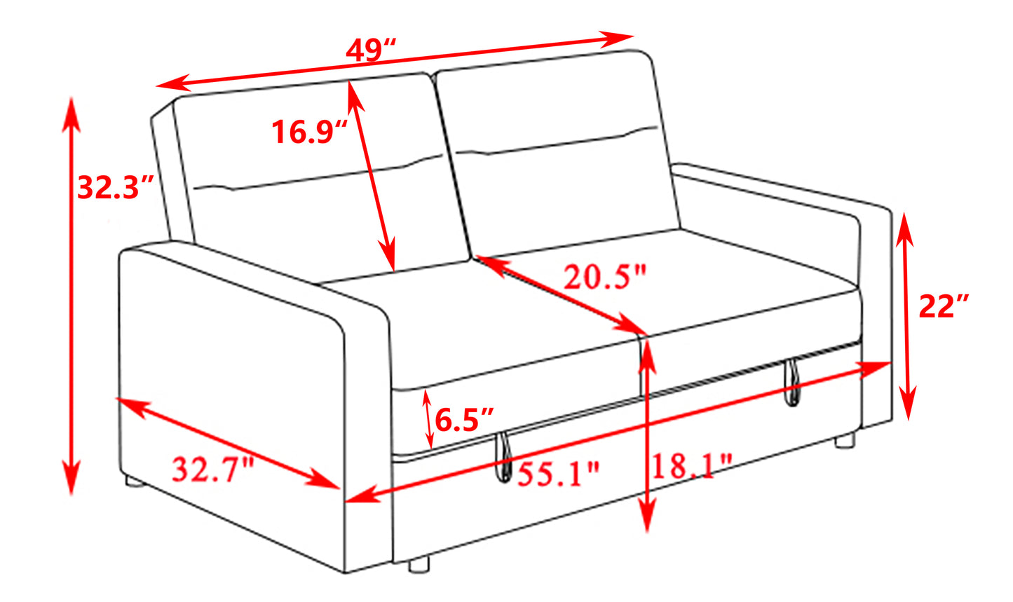 Loveseat Sleeper Pull Out Couch 3 in 1 Sofa Bed Adjustable Backrest