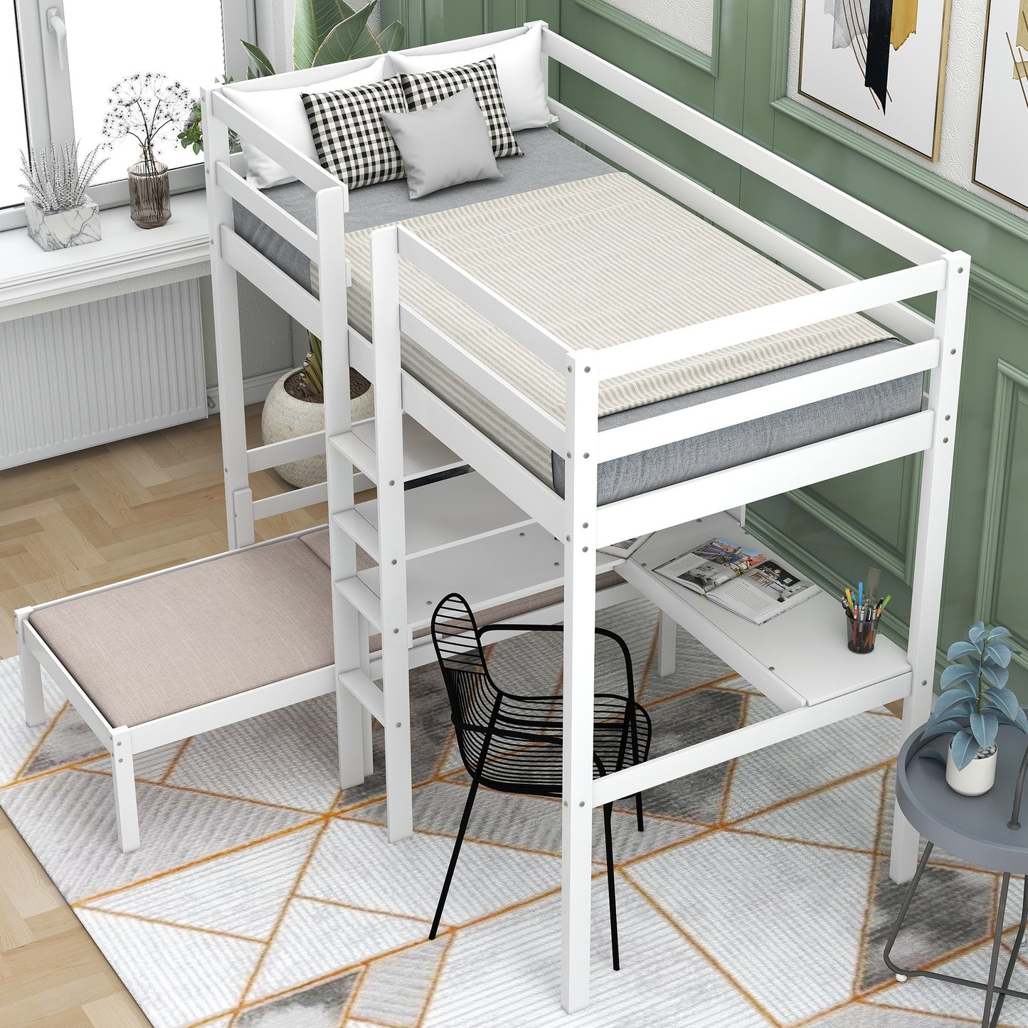 Convertible Loft Bed with L-Shape Desk, Twin Bunk Bed with Shelves and Ladder, White(OLD SKU:SM000209AAK-1)