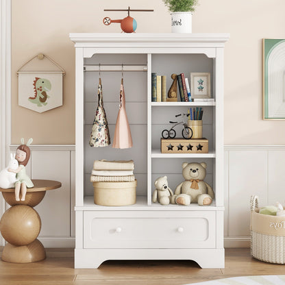 Open children's wardrobe with a hanging rod and open shelves, one large drawer, low design close to the ground for easy access, white. SolidRoot Buy Furniture USA
