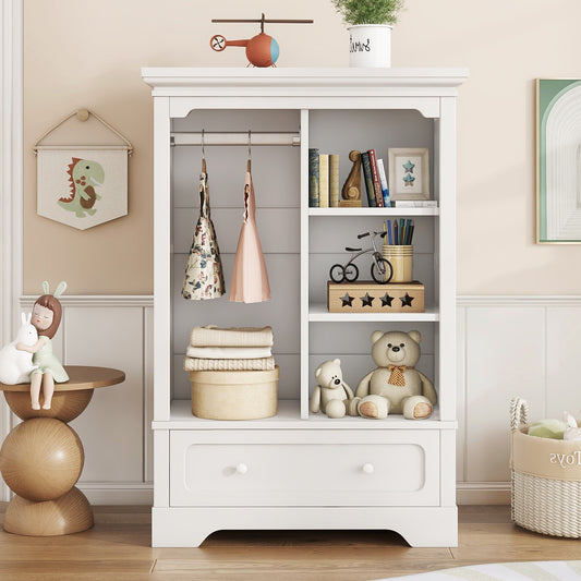 Open children's wardrobe with a hanging rod and open shelves, one large drawer, low design close to the ground for easy access, white.