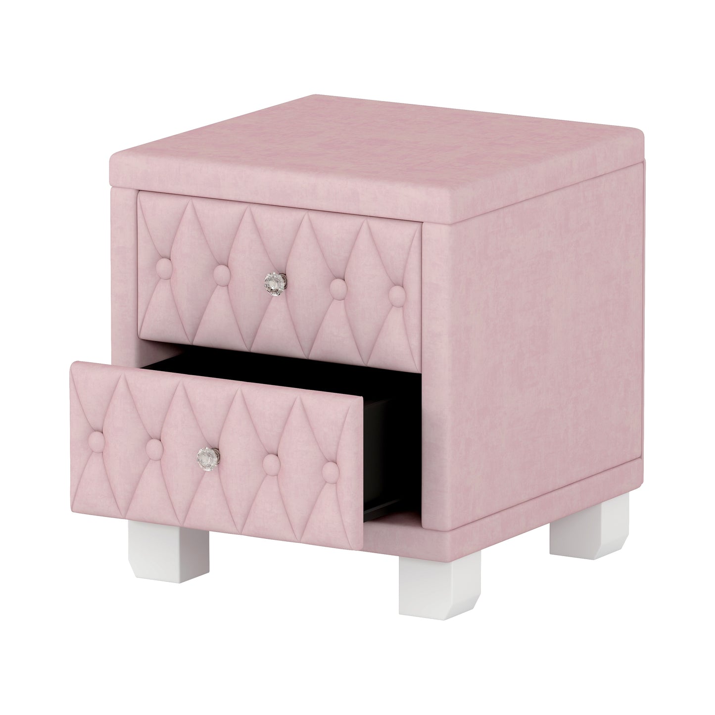 Elegant Velvet Nightstand with 2 Drawers and Crystal Handle, Storage Bedside Table with Button-Tufted, Pink