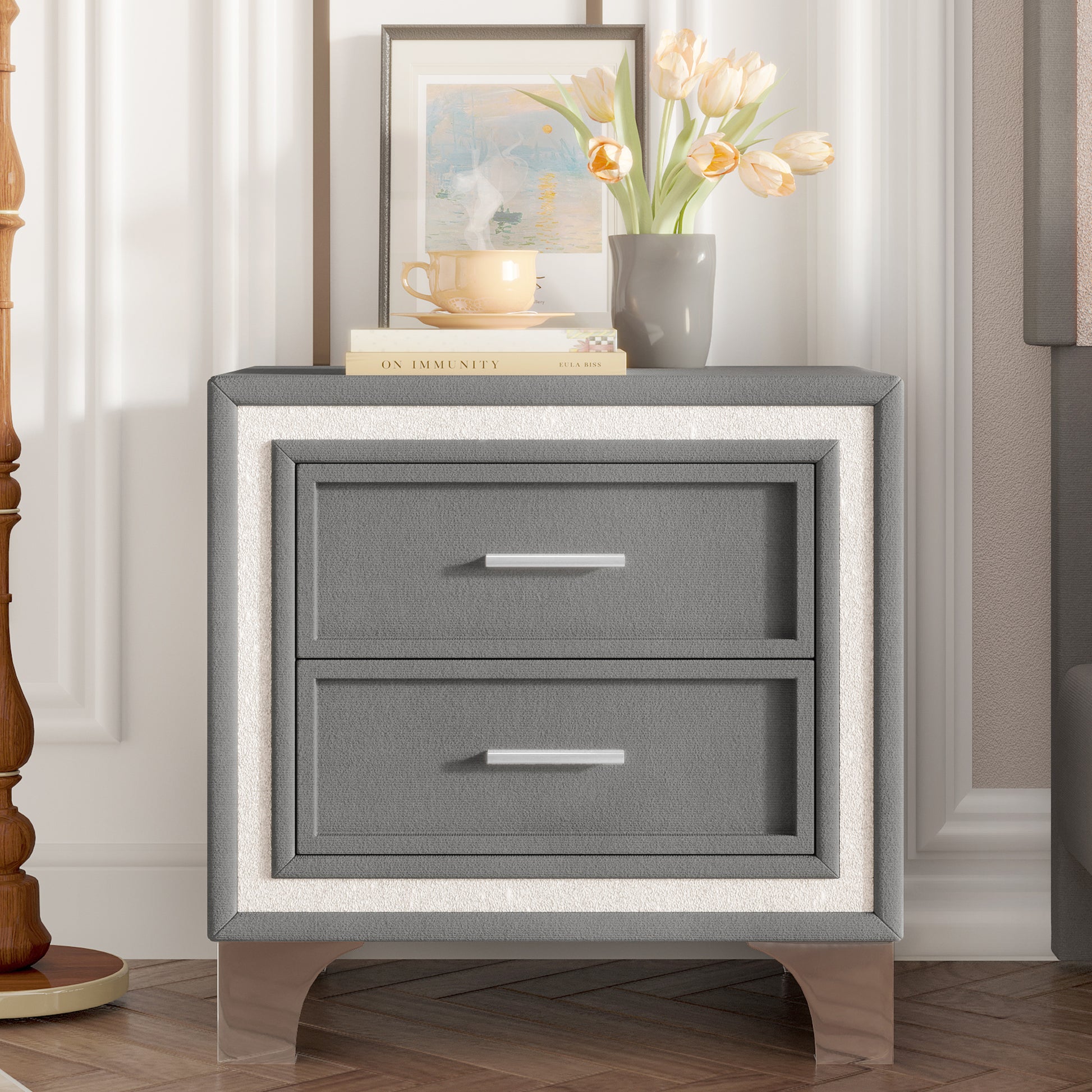 Mid Century Vintage Nightstand with Silver Glitter Strip Decor and Metal Legs, Velvet Bedside Table with 2 Drawers, Fully Assembled Except Legs and Handles, Gray SolidRoot Buy Furniture USA