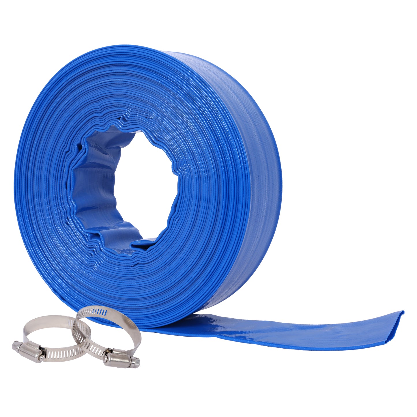 1-1/2'(Flat 2.6') widthx 100 FT Pool Backwash Hose, Blue Heavy Duty Reinforced PVC Lay Flat Water Discharge Hose for Swimming Pool Filter Pump,with 2 Clamp SolidRoot Buy Furniture USA
