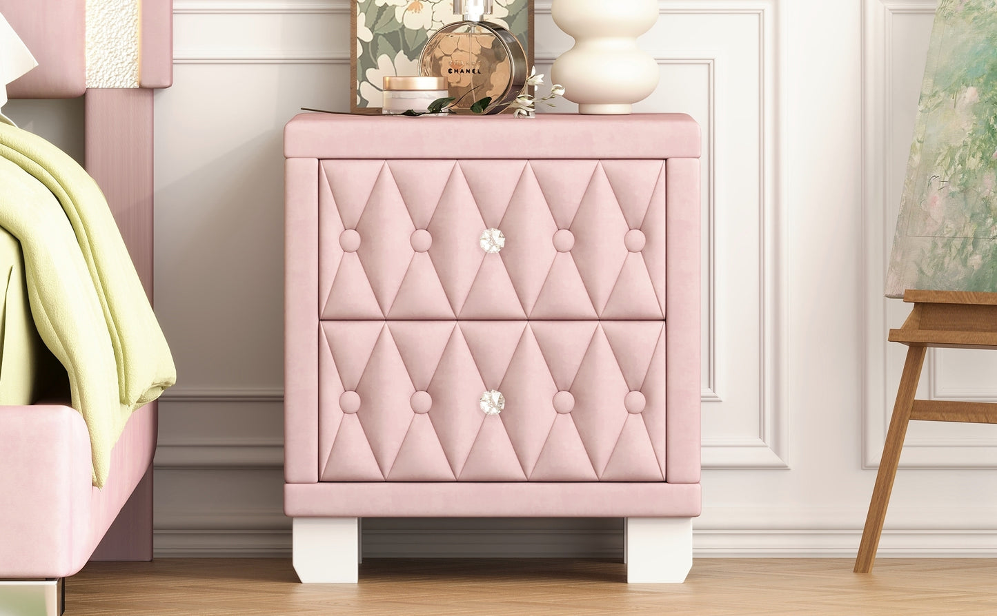 Elegant Velvet Nightstand with 2 Drawers and Crystal Handle, Storage Bedside Table with Button-Tufted, Pink