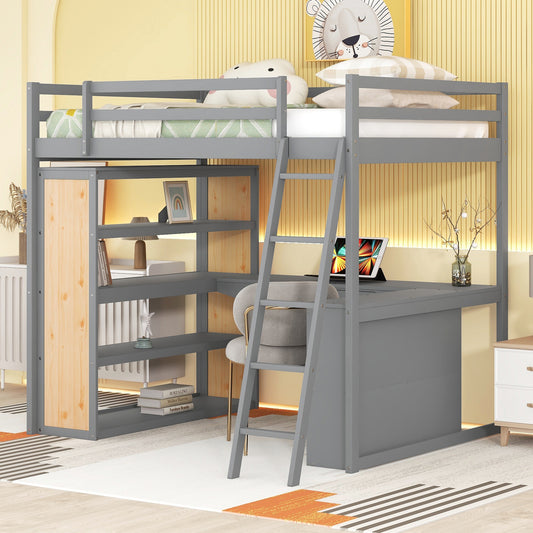 Full Size Loft Bed with Ladder, Shelves, and Desk, Gray(OLD SKU:LT100226AAE)