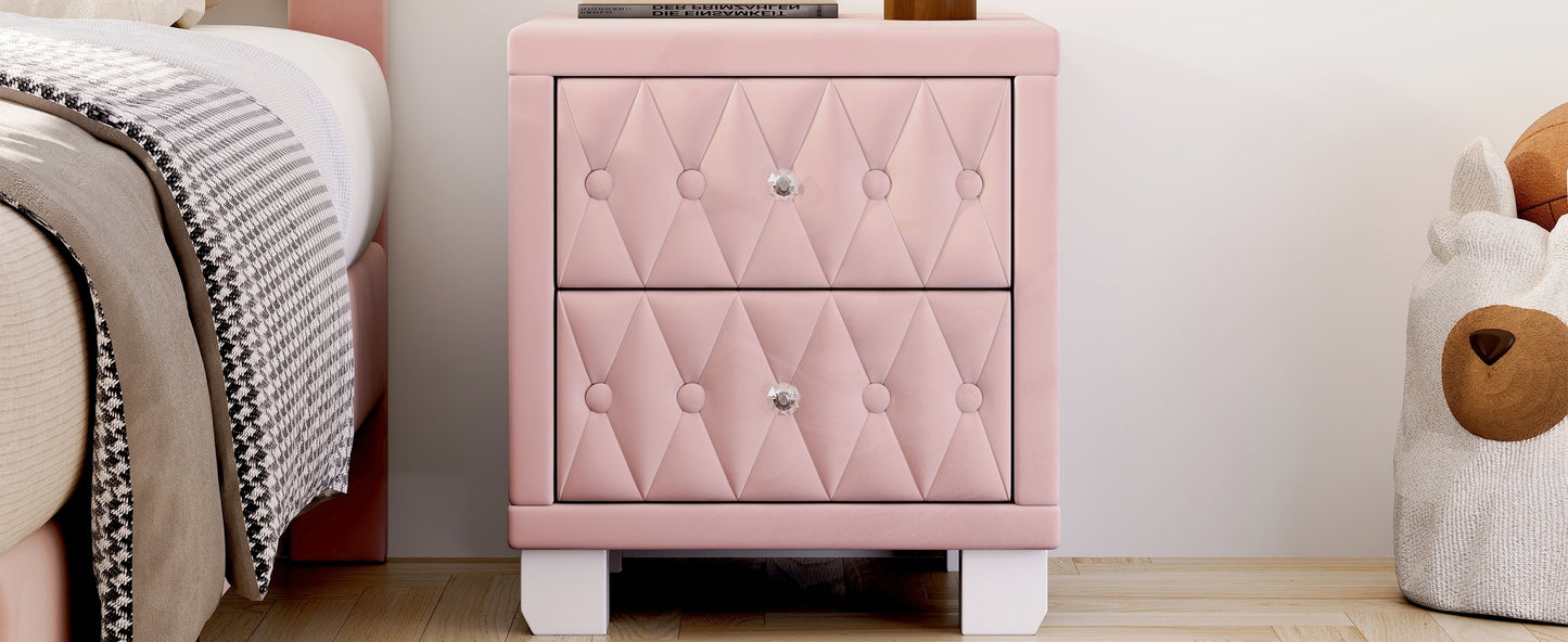 Elegant Velvet Nightstand with 2 Drawers and Crystal Handle, Storage Bedside Table with Button-Tufted, Pink