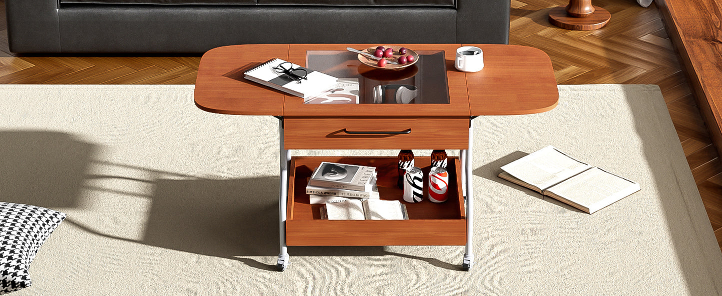 Modern Extended Coffee Table with Wheels, Folding Coffee Table with 1 drawer and 2-Tier Storage, Metal Frame Coffee Table for Living Room