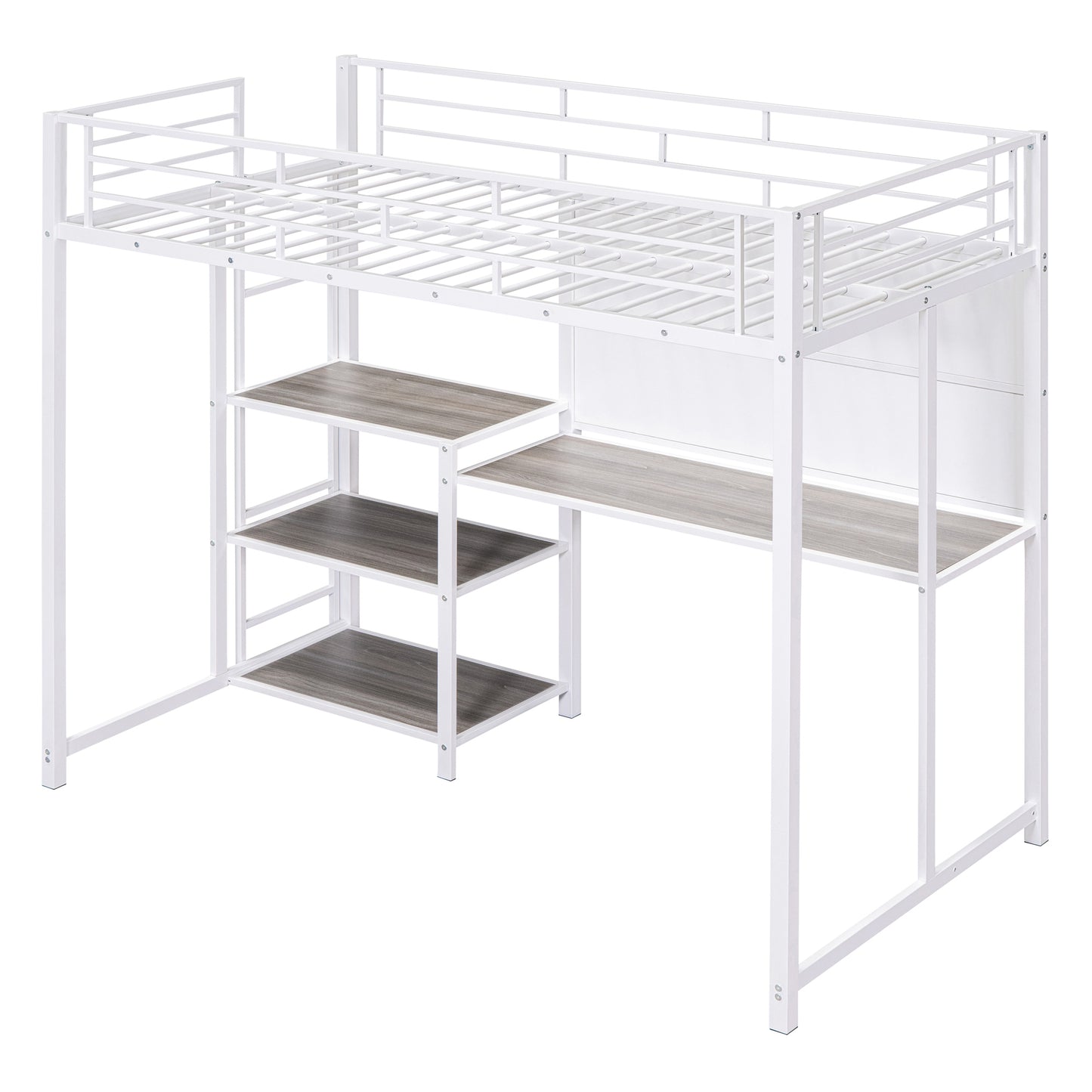 Twin Size Loft Bed with Desk and Whiteboard, Metal Loft Bed with 3 Shelves and Ladder, White