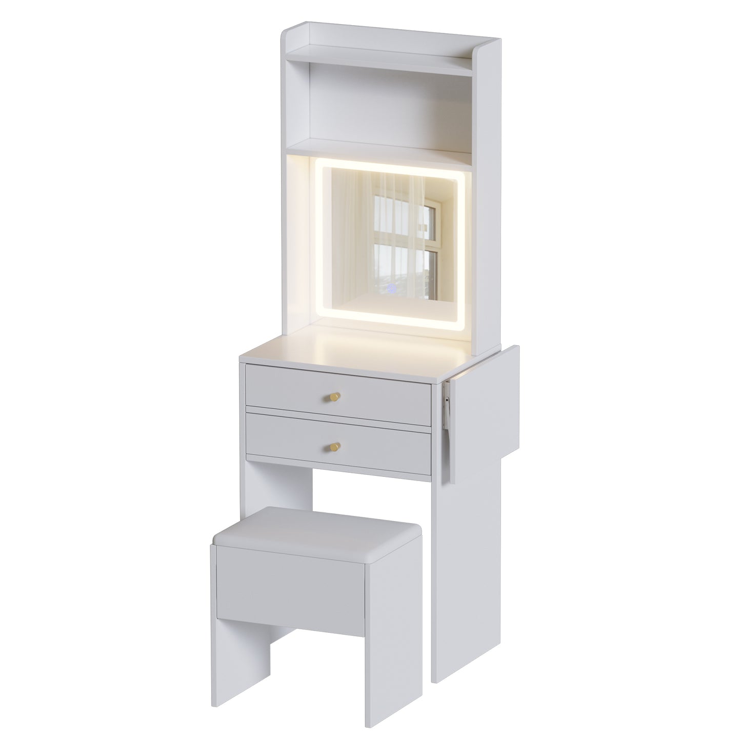 Small Space Vanity Table Set with 3 Adjustable Lighted Mirror and Storage Chair, Makeup Vanity Table for Small Space, White Dressing Table with Fold-up Panel for Bedroom