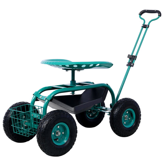 Refurbished Rolling Garden Scooter with 360 Swivel Seat, Tool Tray and Green Steel Frame SolidRoot Buy Furniture USA