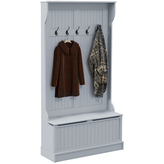 HOMCOM 38' 3-In-1 Entryway Hall Tree with Storage Bench, Coat Rack with Four Hooks and Shoe Storage, Gray