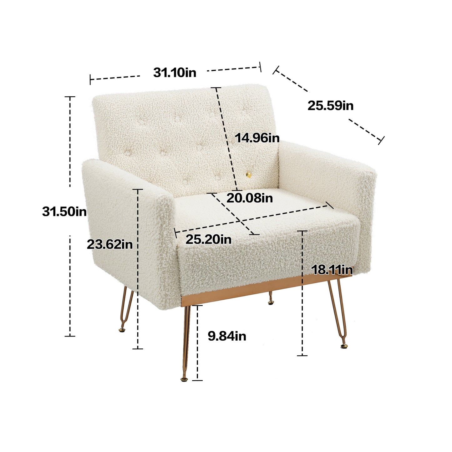 COOLMORE  Armchair Single Sofa Modern Tufted Upholstered Side Reading Chairs with Arm and Gold Metal Leg for Living Room Bedroom (White teddy )