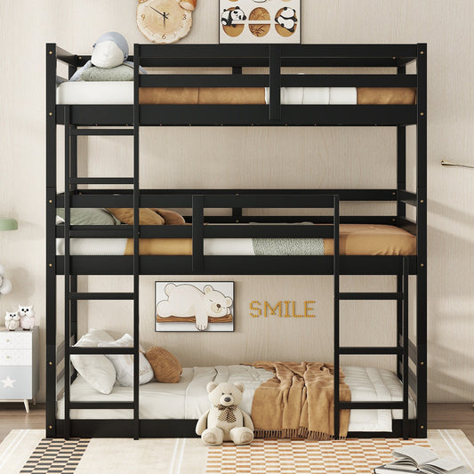 Triple Rubber Wood Bunk Bed with Two Built-in Ladders, Guardrails, Twin over Twin over Twin, Detachable Triple Twin Bunk Bed,Black SolidRoot Buy Furniture USA