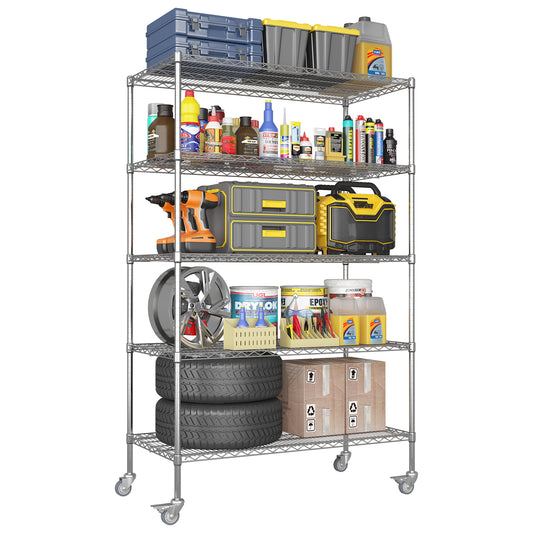 47''W x 24''D x 72''H 5 Tier Heavy Duty Adjustable Kitchen Shelving Unit, Wire Storage Shelves with Wheels, Pantry Organizer Rack Rolling Metal Shelf for Garage Closet Laundry SolidRoot Buy Furniture USA