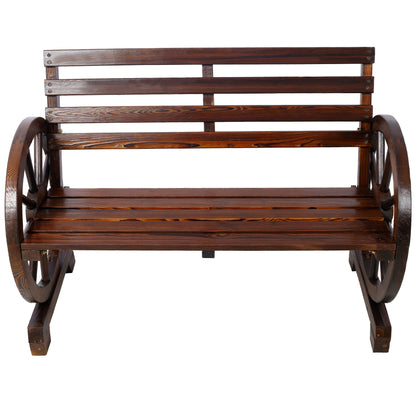 2-Person Wooden Wagon Wheel Bench for Backyard, Patio, Porch, Garden, Outdoor Lounge Furniture w/Rustic Country Design, Slatted Seat and Backrest - Brown Livingsource
