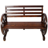 2-Person Wooden Wagon Wheel Bench for Backyard, Patio, Porch, Garden, Outdoor Lounge Furniture w/Rustic Country Design, Slatted Seat and Backrest - Brown Livingsource
