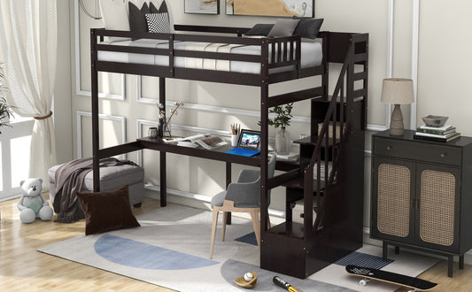 Twin Size Loft Bed with Storage Staircase and Built-in Desk, Espresso (Old SKU:GX000903AAP) - SolidRoot Buy Furniture USA