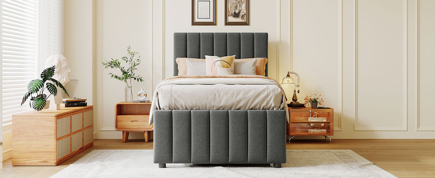 Twin Size Upholstered Platform Bed with Trundle and 3 Drawers, Linen Fabric, Gray