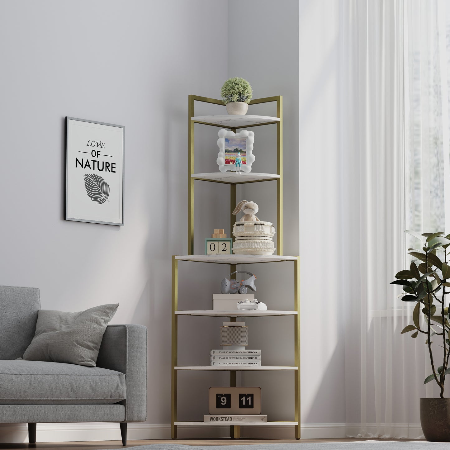 6-Tier Corner Open Shelf Modern Bookcase Wood Rack Freestanding Shelving Unit,Plant Album Trinket Sturdy Stand Small Bookshelf Space-Saving for Living Room Home Office Kitchen Small Space