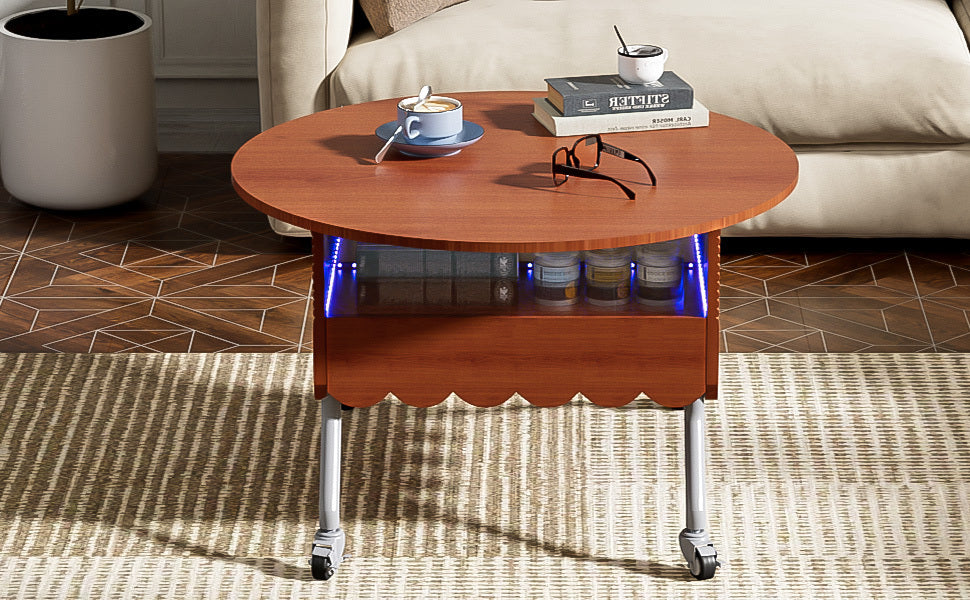 Round Lift-Top Coffee Table with Wheels, Metal Frame and Multi-Color Lighting in 27.6"