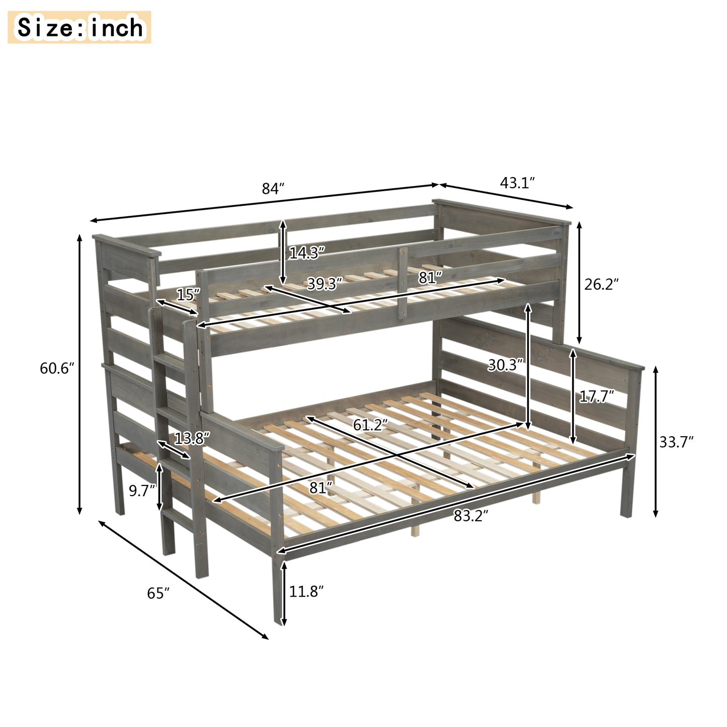 Wood Twin XL over Queen Bunk Bed with Ladder, Gray