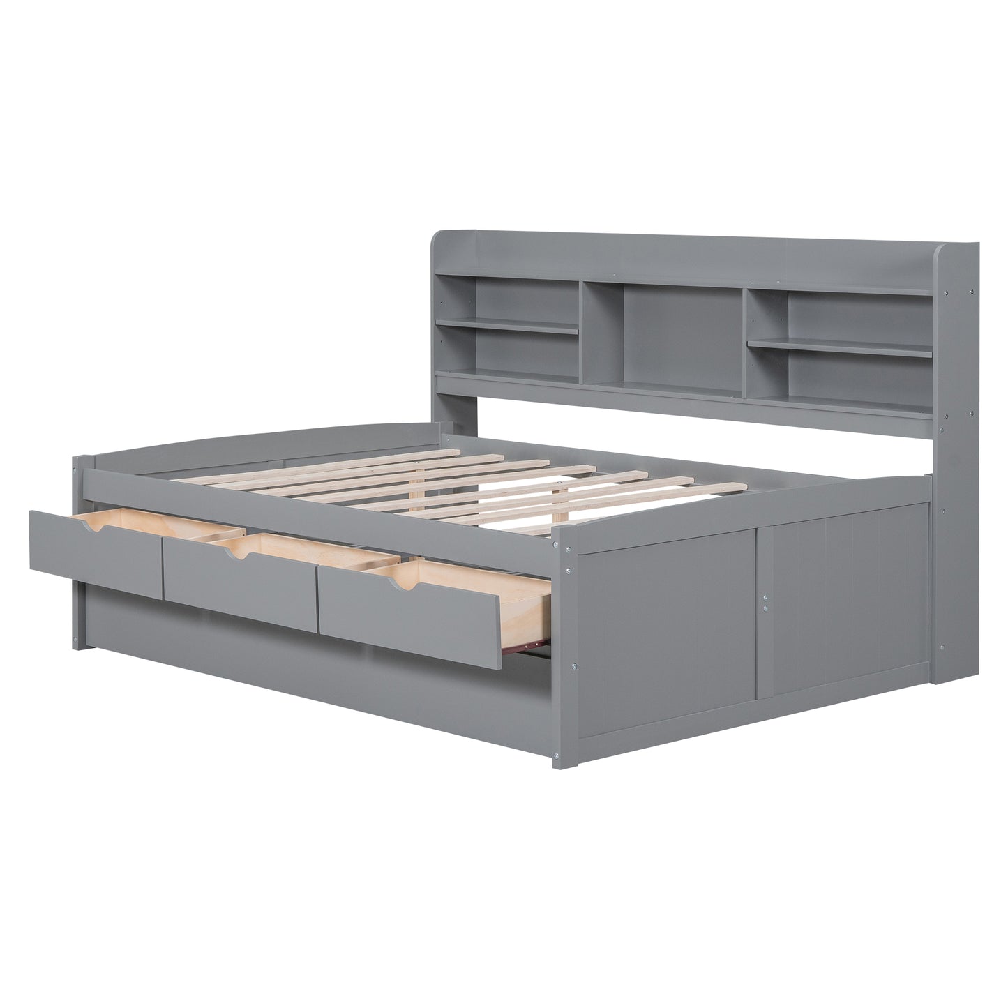 Full Size Wooden Captain Bed with Built-in Bookshelves,Three Storage Drawers and Trundle,Light Grey