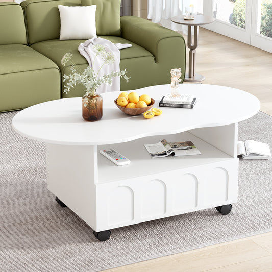 ON-TREND Flexible Cream Style Coffee Table with 2 Brake Wheels, Cloud Top Side Table with Drawer, Irregular Center Table with Large Storage for Living Room, White, 39.37''x 23.6''