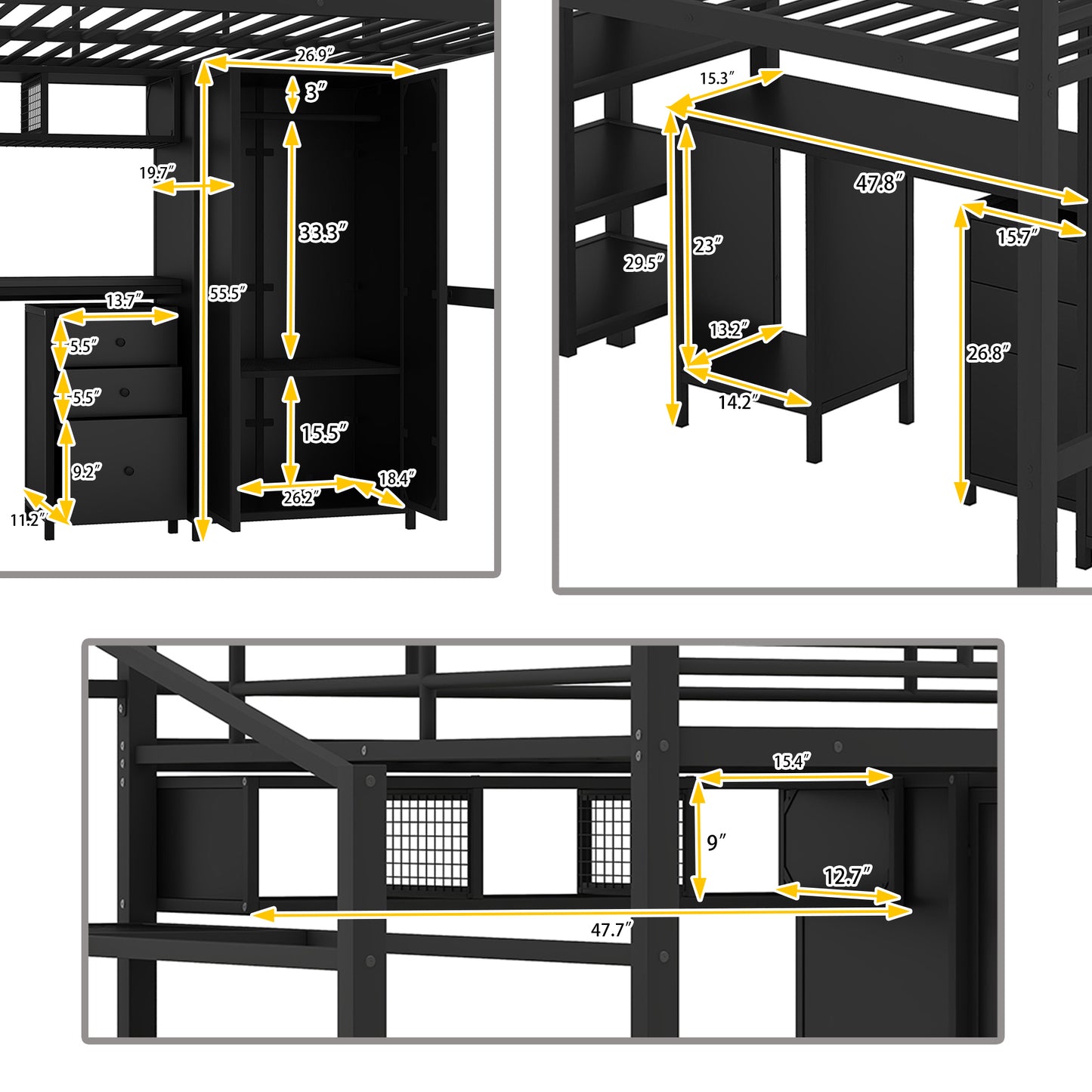 Metal Loft Bed With table set and wardrobe, Full, Black