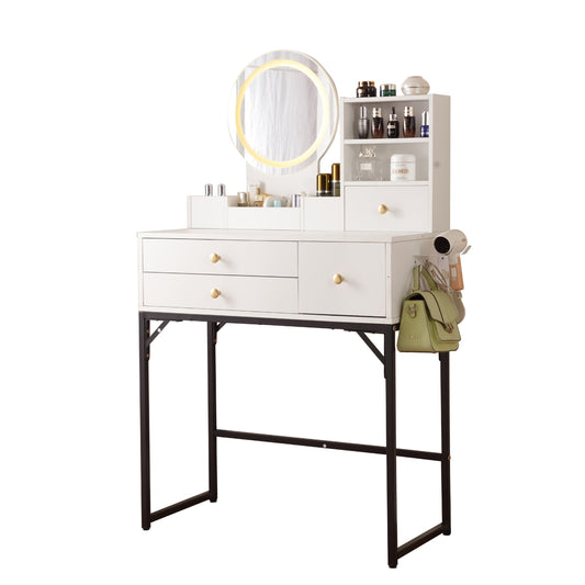 Vanity Desk with Lighted Mirror & Power Outlet, Makeup Vanity Desk with Drawers and Cabinet, Sturdy Iron Bracket, Make up Vanity Table for Bedroom, White