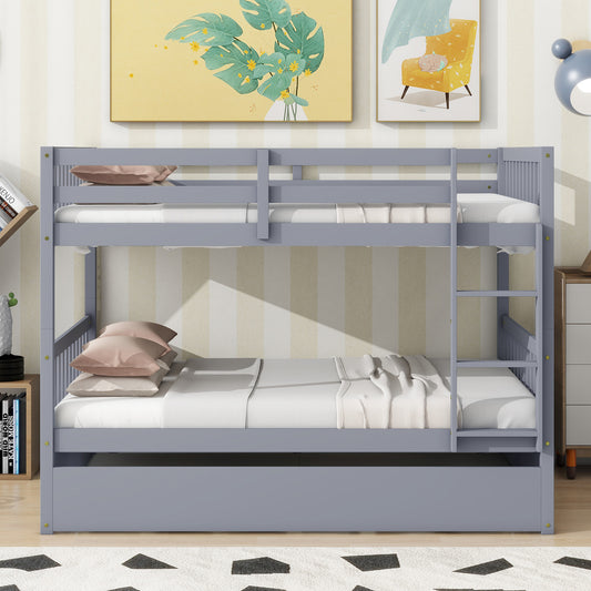 Full Over Full Rubber Wood Bunk Bed with Trundle, Ladder and Guardrails, Convertible to 2 Full Size Beds, with Twin Size Trundle ,Grey(Old Sku:W504S00250) SolidRoot Buy Furniture USA