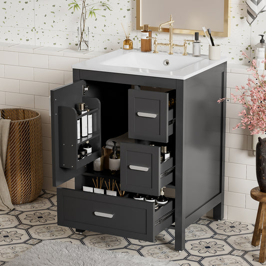Modern 24-inch Bathroom Vanity with Ceramic Sink, Soft-Close Door, Double-Layer Door Shelf, and 3 Drawers