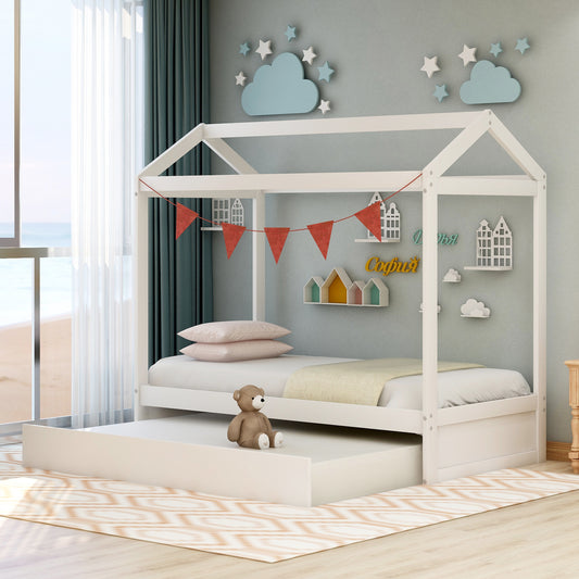 House Bed with Trundle, can be Decorated,White(Old SKU:SM000103AAK)