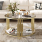 Modern Glass Coffee Table in 31.5", Asymmetrical Metal, Circular Metal Drum Base, Gold Finish & Lower Shelf Livingsource
