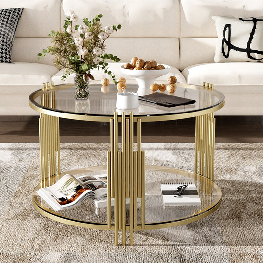 Modern Glass Coffee Table in 31.5", Asymmetrical Metal, Circular Metal Drum Base, Gold Finish & Lower Shelf