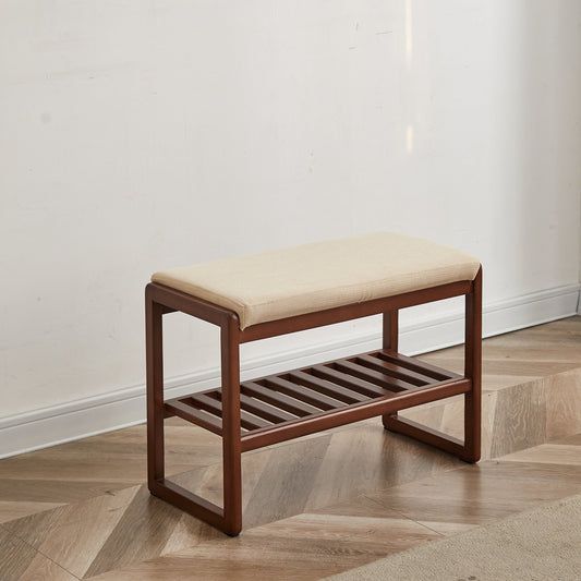 (Walnut Color) Solid Wood Shoe Bench, Beech Wood Storage Rack Organizer with High Rebound Sponge Cushion Livingsource