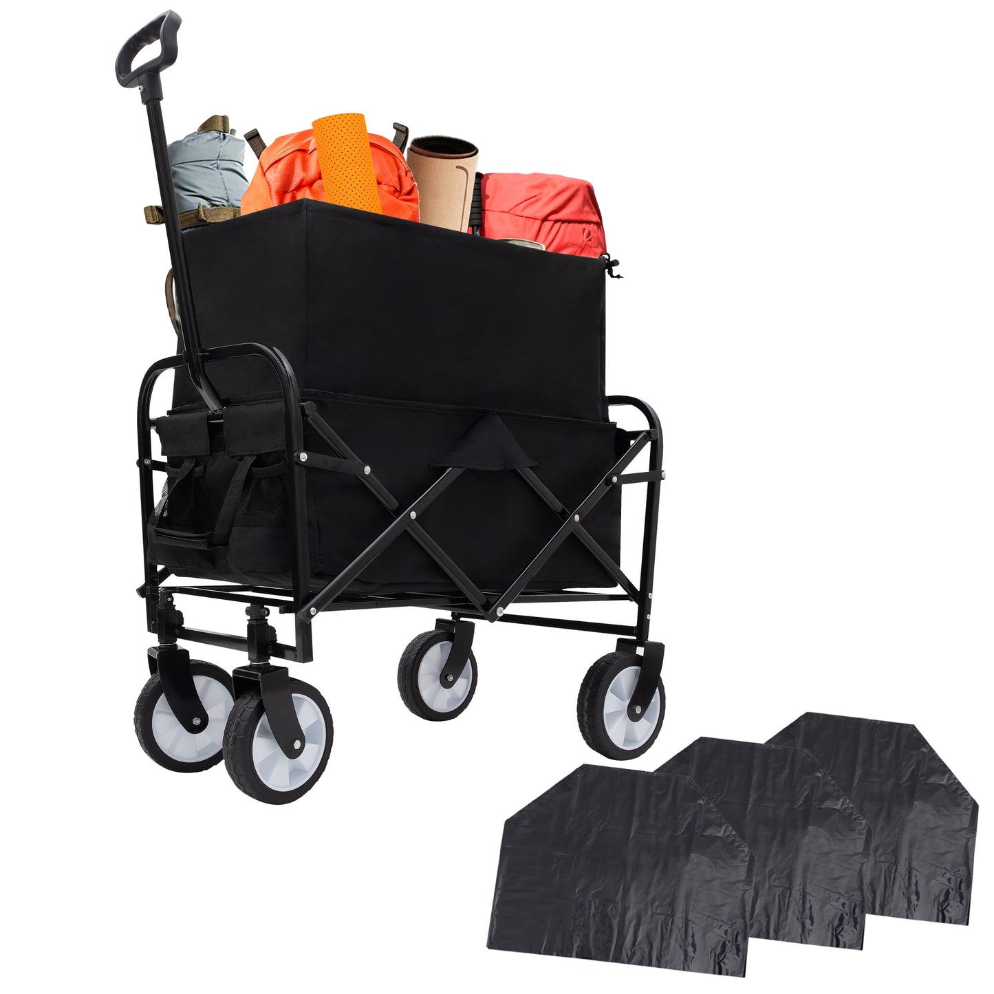 Minimeetall Multi-use Bag Collapsible Foldable Wagon Cart Beach Wagon Heavy Duty Utility Cart Utility Wagon Grocery Cart for for Camping ,3pcs  plastic Liner bag /Cover ,black