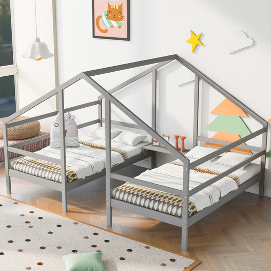 Double Twin Size Triangular House Beds with Built-in Table,Gray(Old SKU: WF286895AAE)