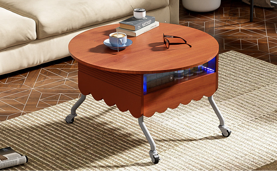 Round Lift-Top Coffee Table with Wheels, Metal Frame and Multi-Color Lighting in 27.6"