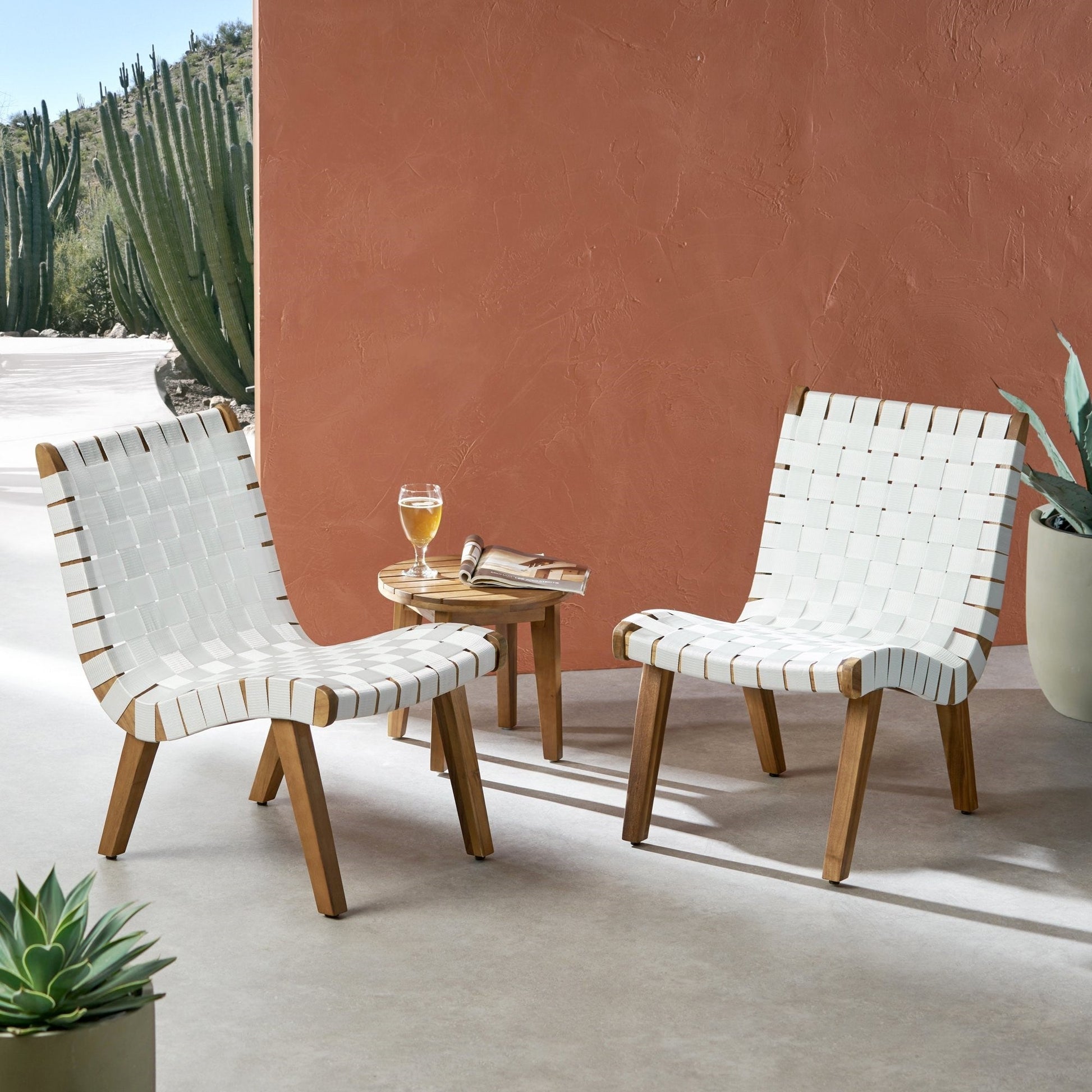 Outdoor Acacia Wood and Rope Weave 3 Piece Chat Set, White and Teak SolidRoot Buy Furniture USA
