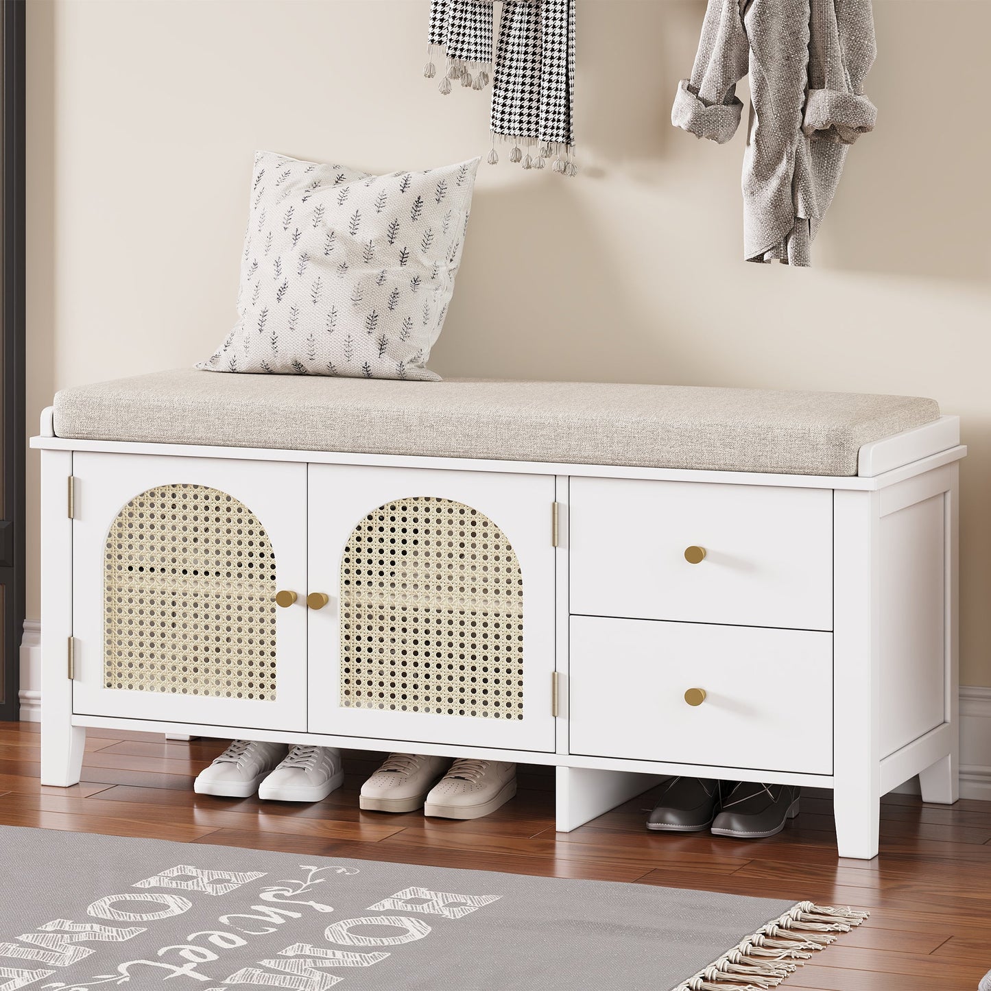 TREXM Shoe Storage Bench, Vintage Shoe Bench with Storage and Cushion, Shoe Bench with 2 Drawers and 2 Rattan Door for Entryway, Bedroom, Living Room, White SolidRoot Buy Furniture USA