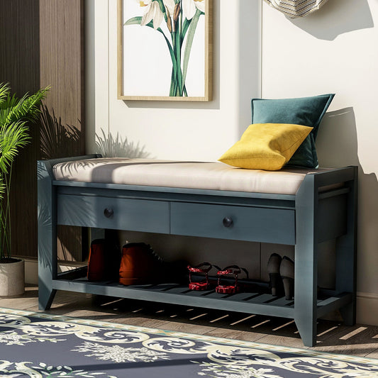 TREXM  Shoe Rack with Cushioned Seat and Drawers, Multipurpose Entryway Storage Bench (Antique Navy) SolidRoot Buy Furniture USA