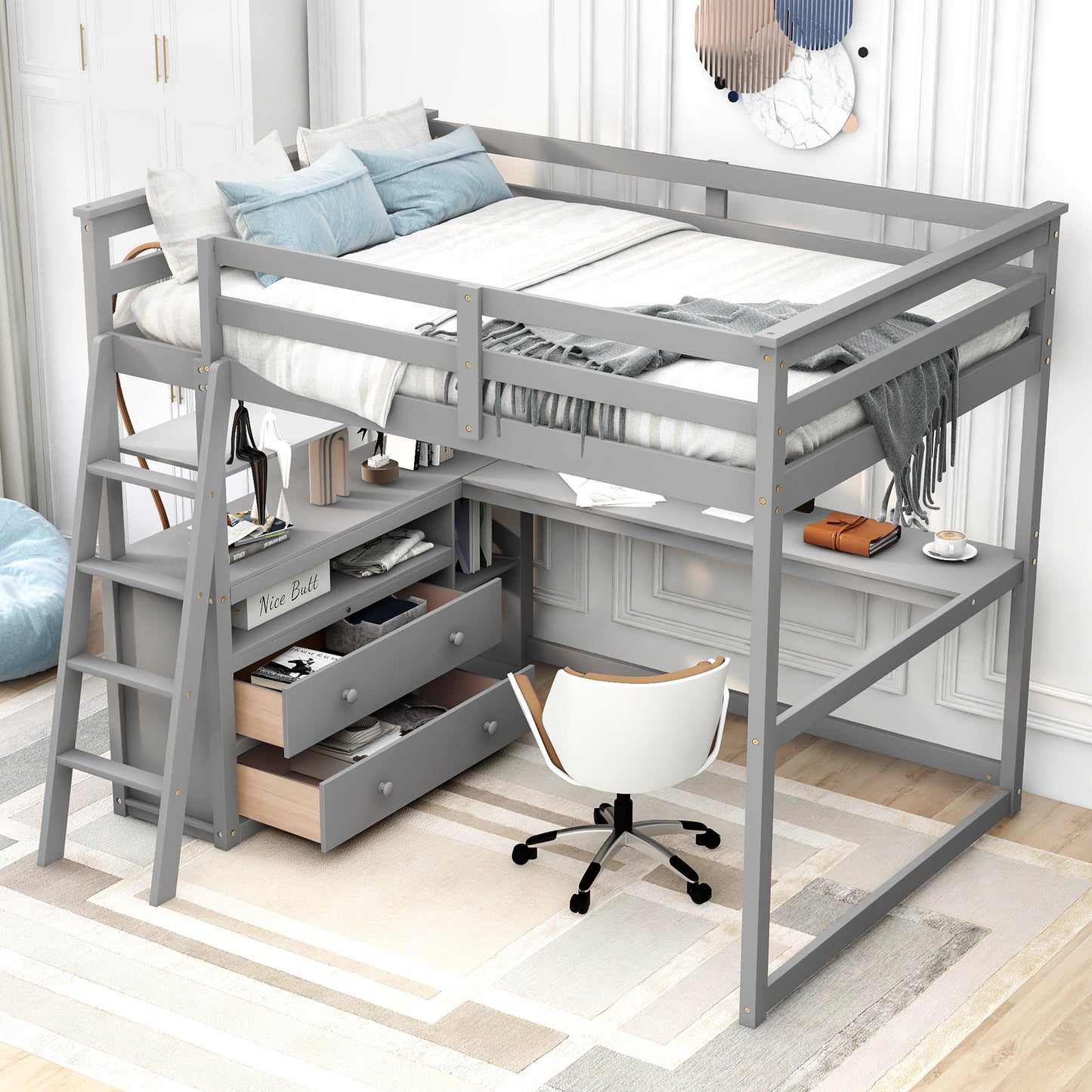 Full Size Loft Bed with Desk and Shelves,Two Built-in Drawers,Gray