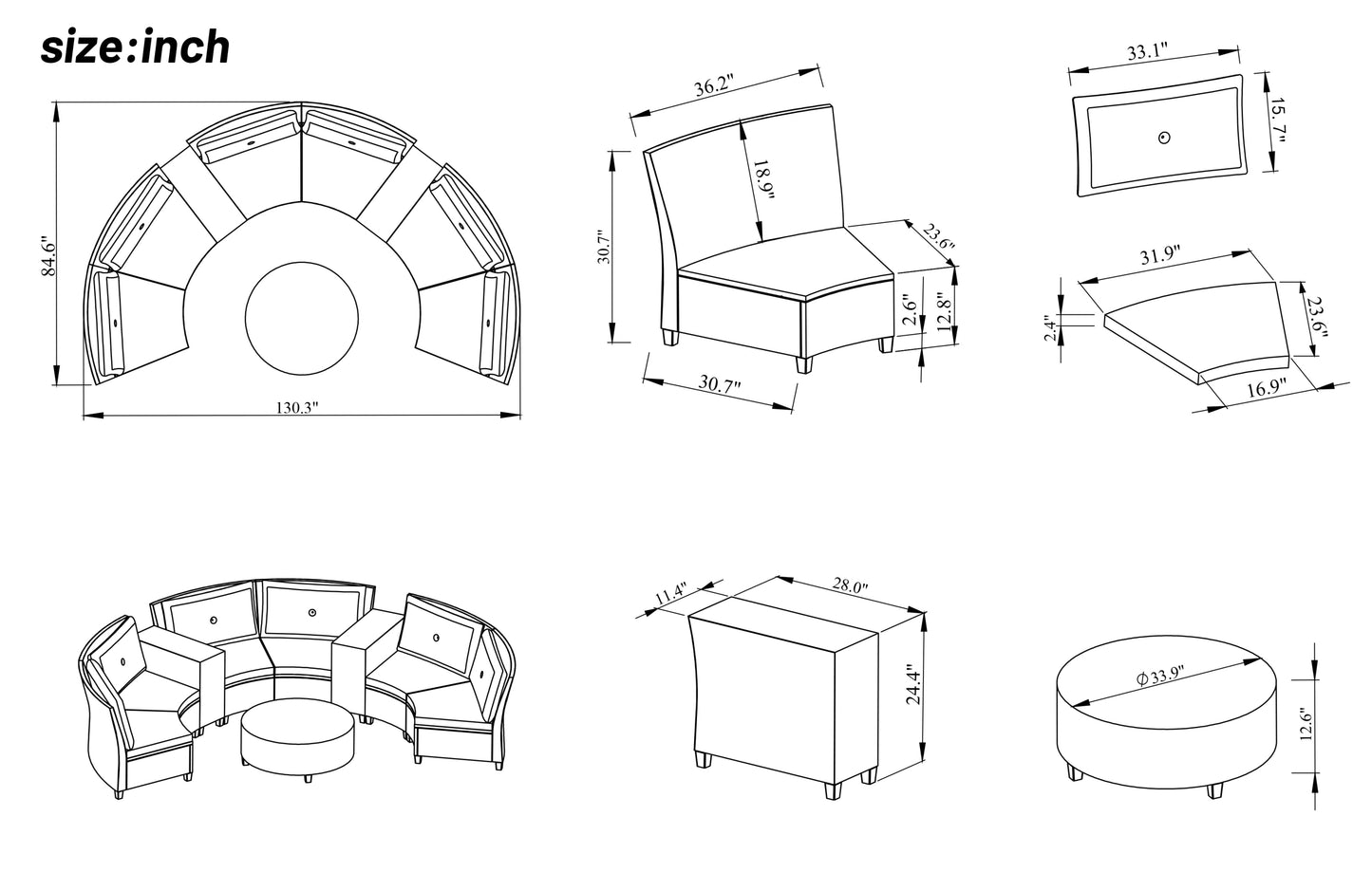 [VIDEO provided] U_Style 6 - Person Fan-shaped Rattan Suit Combination with Cushions and Table,Suitable for Garden