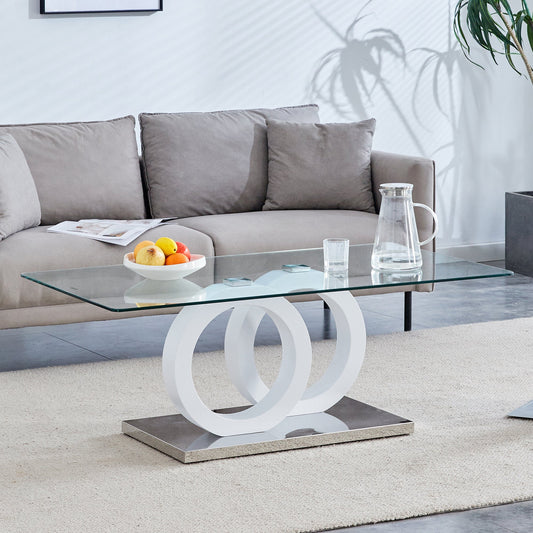 Contemporary Style Glass-Top MDF Coffee Table with White Base - Suitable for Living Rooms and Lounge Areas, Product Dimensions are 47.2*25.6*17.8Inches. SolidRoot Buy Furniture USA