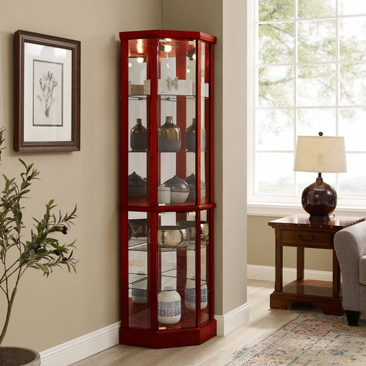 6 Shelf Lighted Corner Curio Cabinet with Adjustable Tempered Glass Shelves and Mirror Back, Cherry(E26 light bulb not included) SolidRoot Buy Furniture USA