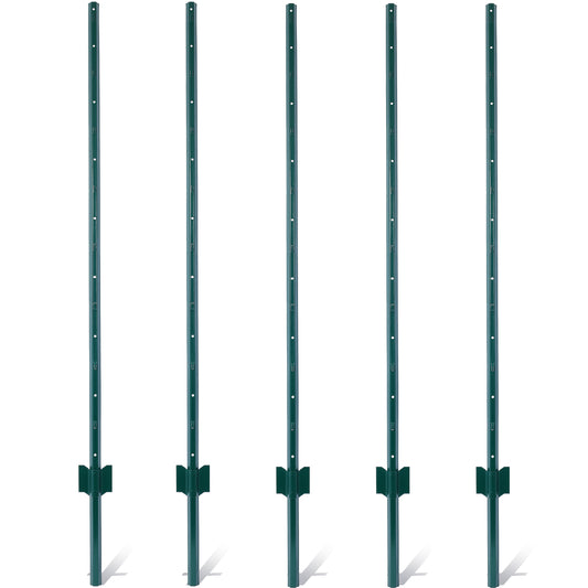 5-Pack 5ft Heavy Duty Metal Fence Posts (Green) - Steel U-Channel Garden Stakes with Anchor Plate for Chicken Wire, Poultry Netting & Animal Barriers SolidRoot Buy Furniture USA