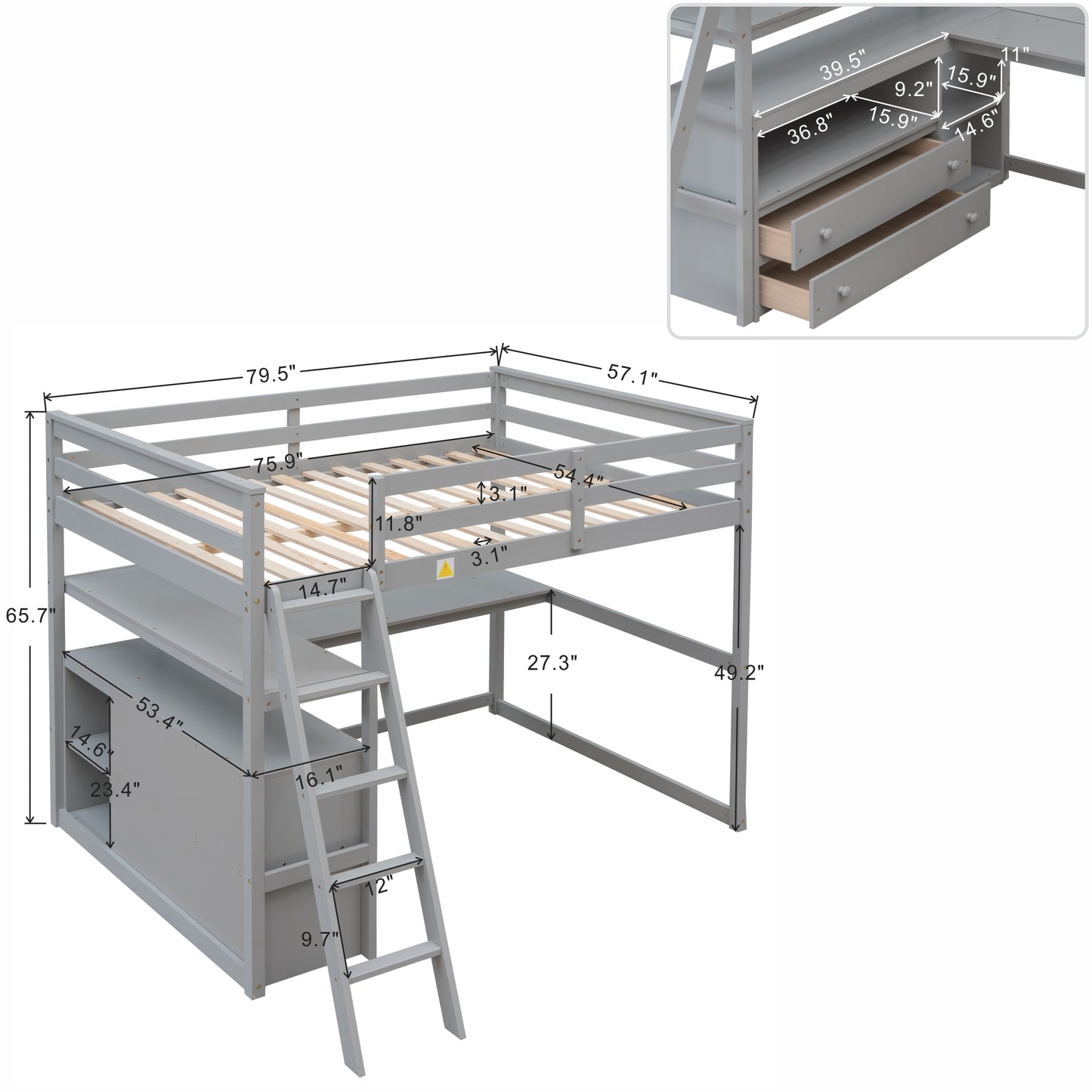 Full Size Loft Bed with Desk and Shelves,Two Built-in Drawers,Gray