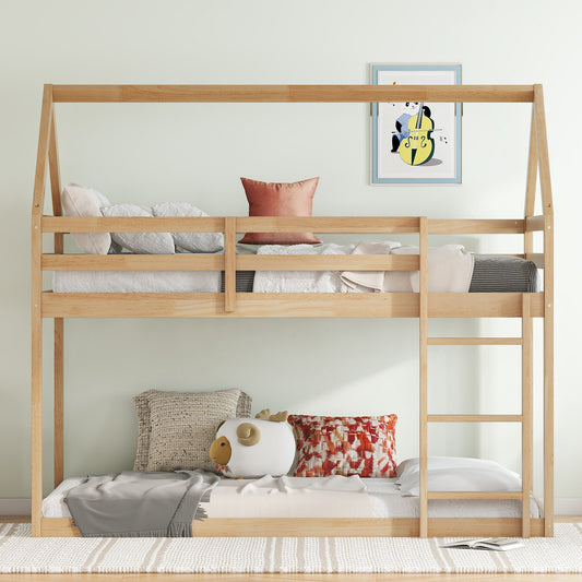 Twin over Twin Rubber Wood Floor Bunk Bed, with ladder,Guardrails,House-Shaped-Bunk Bed,White oak SolidRoot Buy Furniture USA