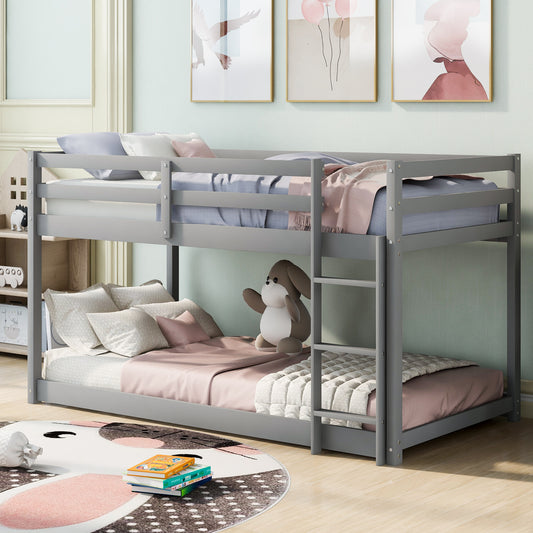 Twin over Twin Floor Bunk Bed with Ladder , Gray(Old SKU:WF281727AAE/WF286602AAE)