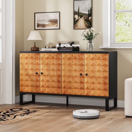 Modern buffet cabinet with storage space,Retro style four door wooden storage cabinet,Multifunctional decorative cabinet with geometric patterns,Suitable for living room,dining room,entrance,hallway SolidRoot Buy Furniture USA
